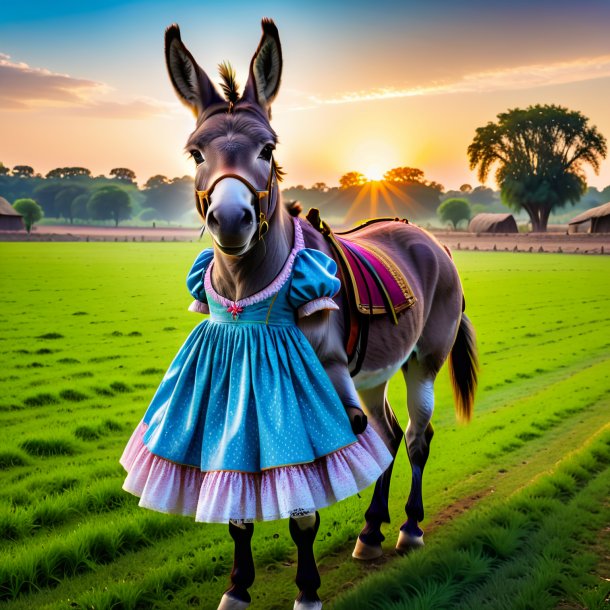 Imagem de um burro em um vestido no campo