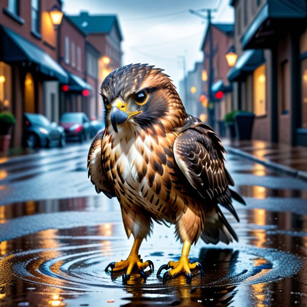 Image of a hawk in a hoodie in the puddle