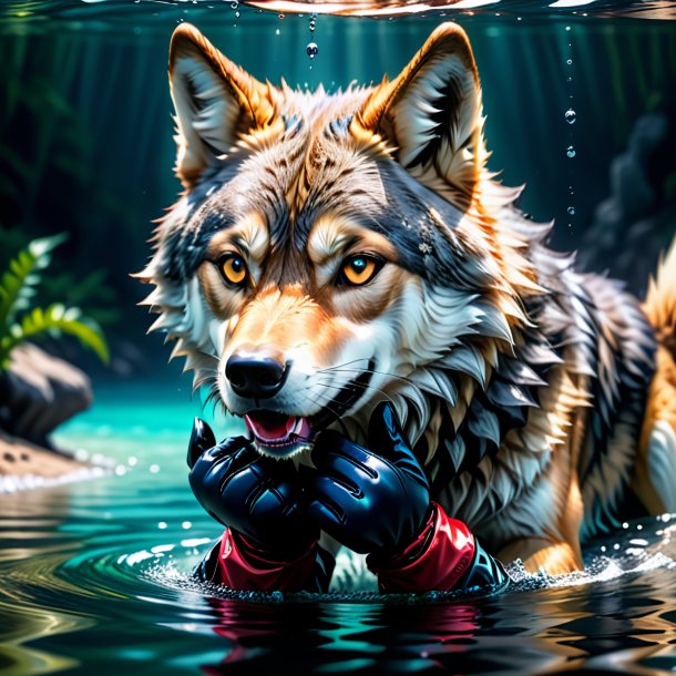 Image of a wolf in a gloves in the water