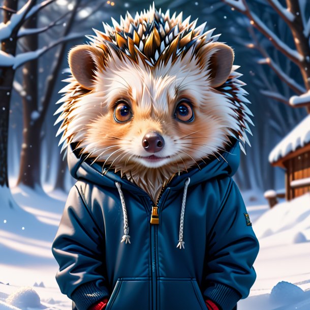 Illustration of a hedgehog in a hoodie in the snow