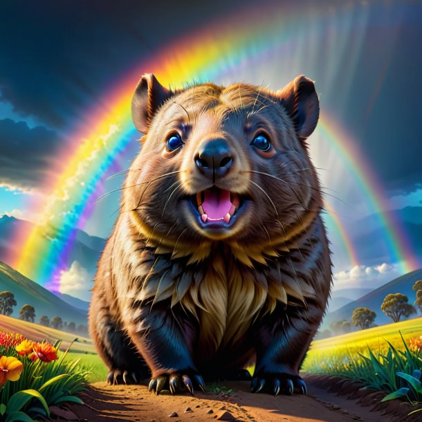 Image of a crying of a wombat on the rainbow