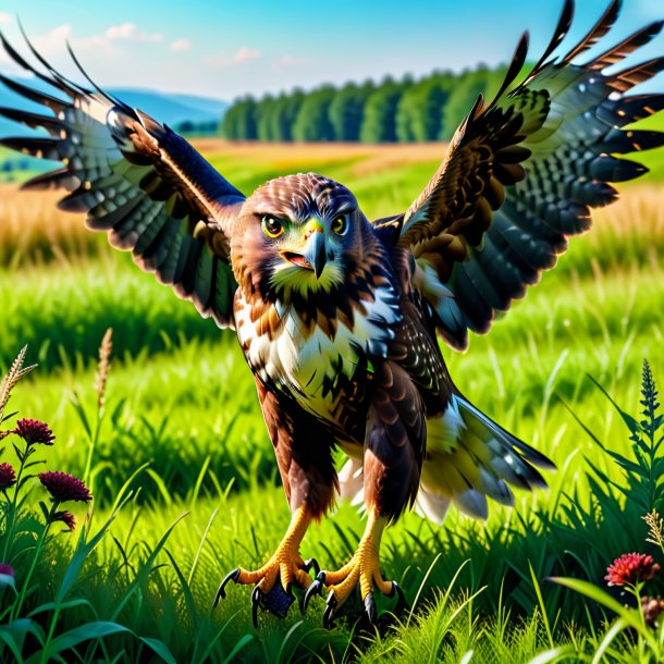 Picture of a threatening of a hawk in the meadow