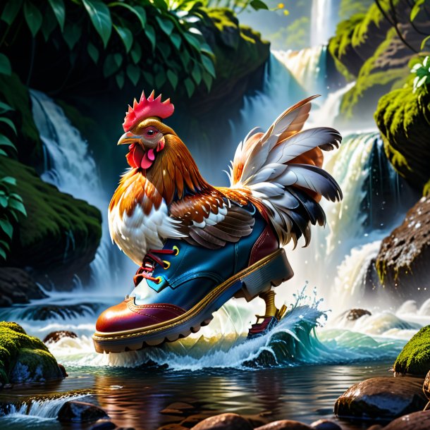 Image of a hen in a shoes in the waterfall