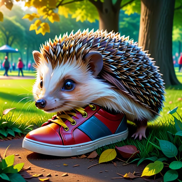 Drawing of a hedgehog in a shoes in the park