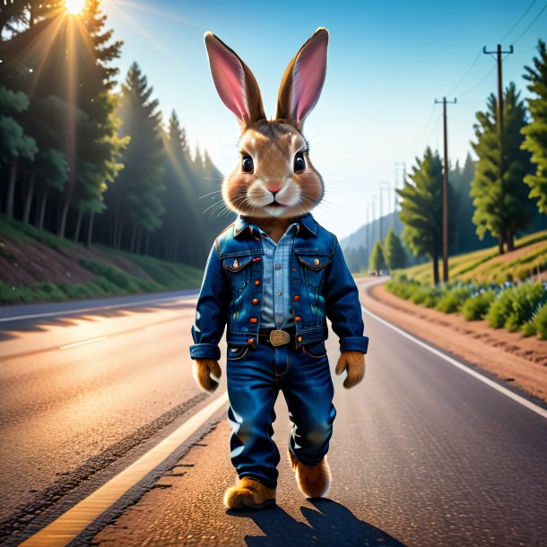 Imagen de un conejo en un jeans en el camino