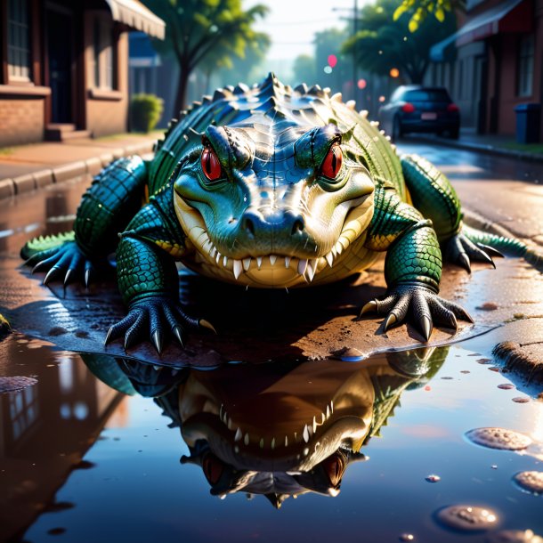 Drawing of a crocodile in a gloves in the puddle