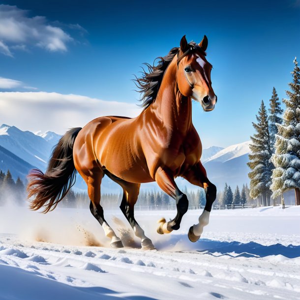 Photo of a dancing of a horse in the snow