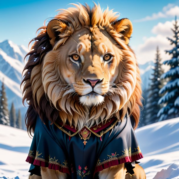 Photo of a lion in a skirt in the snow