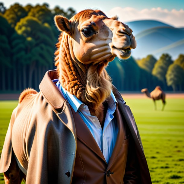 Pic of a camel in a coat on the field