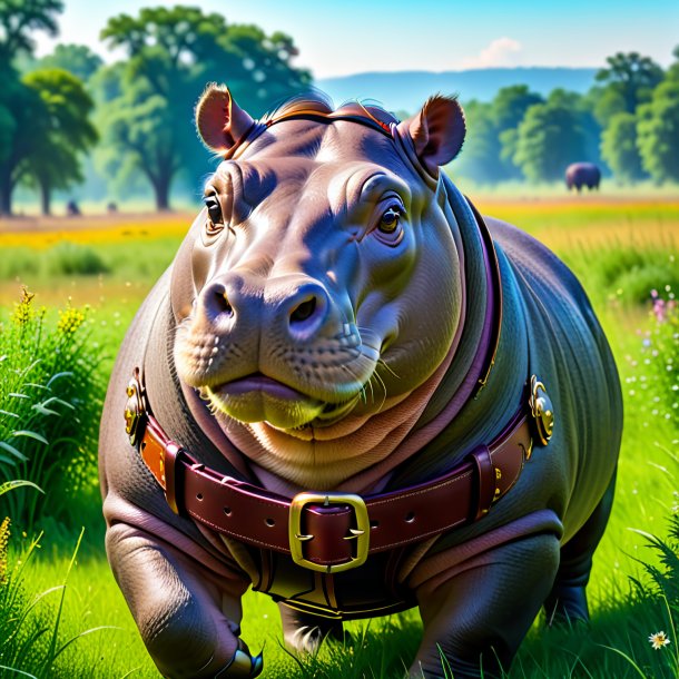 Pic of a hippopotamus in a belt in the meadow