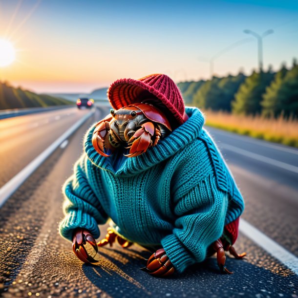 Image of a hermit crab in a sweater on the highway