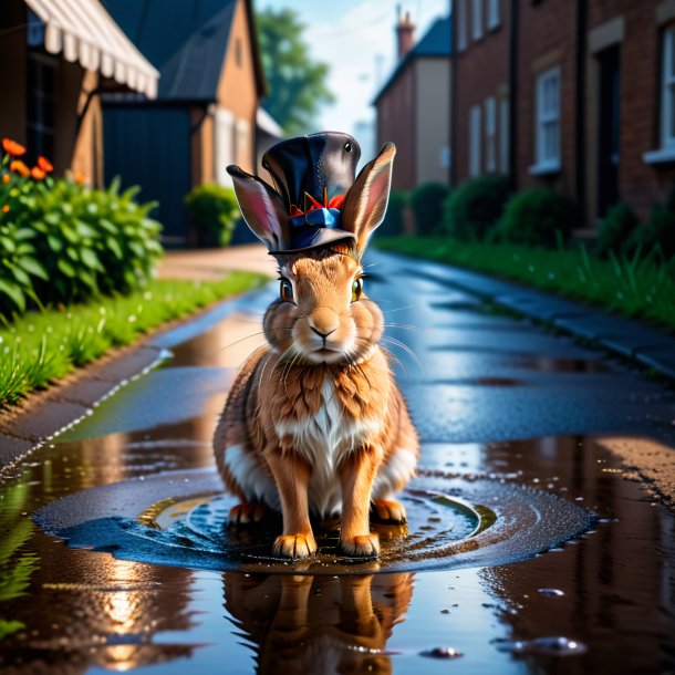 Photo of a hare in a hat in the puddle