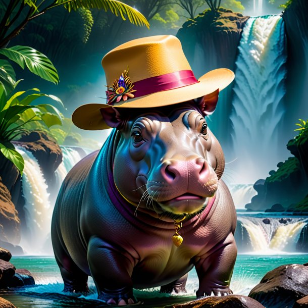 Picture of a hippopotamus in a hat in the waterfall