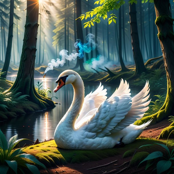 Photo of a smoking of a swan in the forest