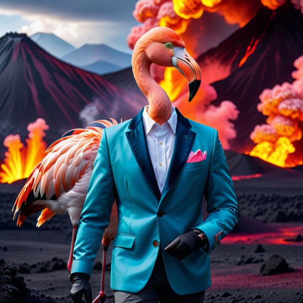 Foto de um flamingo em uma jaqueta no vulcão