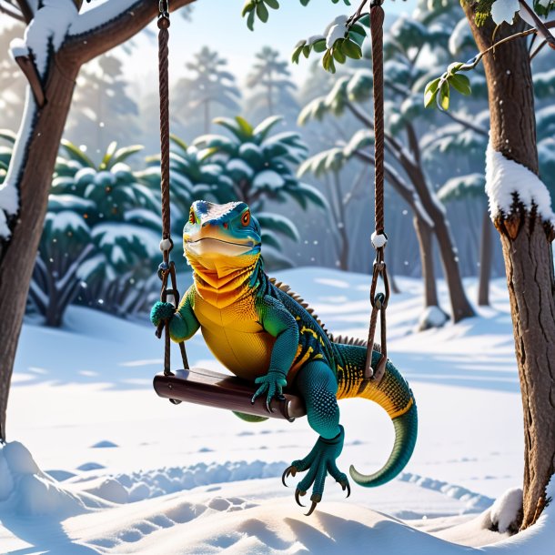 Pic of a swinging on a swing of a monitor lizard in the snow