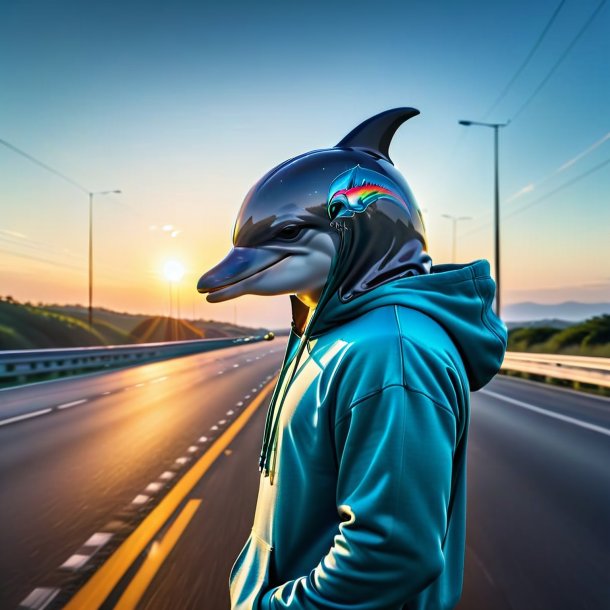 Photo of a dolphin in a hoodie on the highway