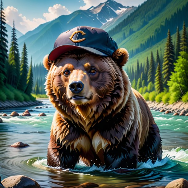 Pic d'un ours dans une casquette dans la rivière