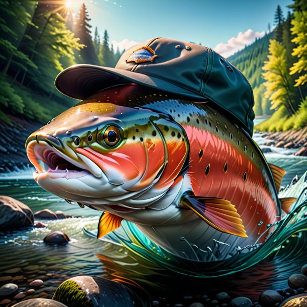 Illustration of a salmon in a cap in the river