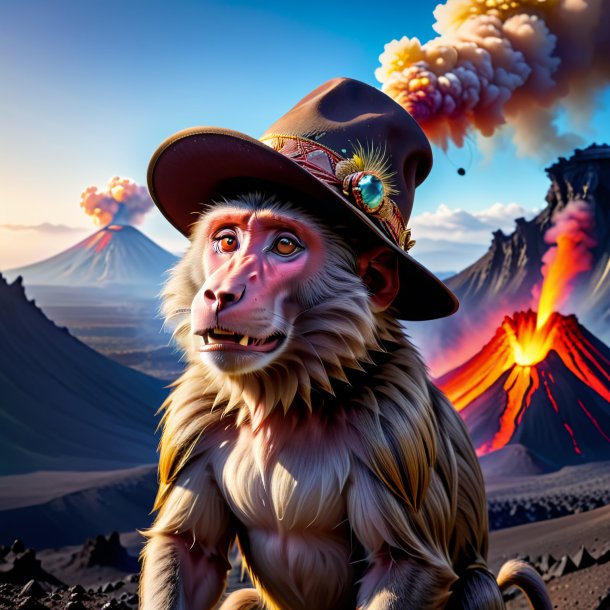 Pic of a baboon in a hat in the volcano