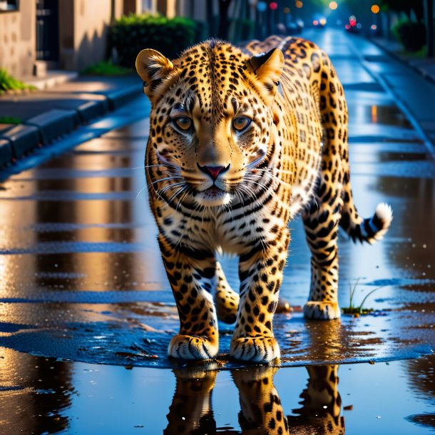 Foto de un leopardo en una falda en el charco