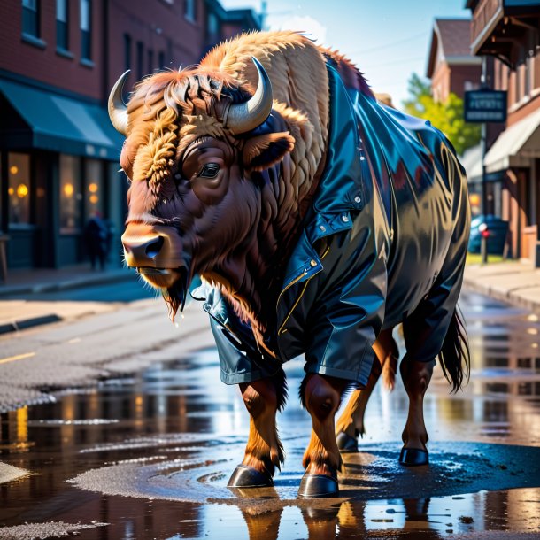 Image of a bison in a jacket in the puddle