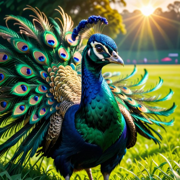 Imagen de un pavo real en una gorra en el campo