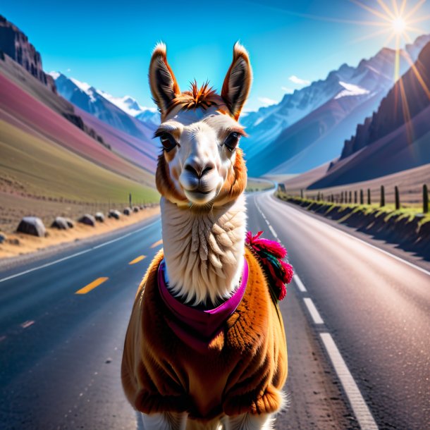 Photo of a llama in a gloves on the road