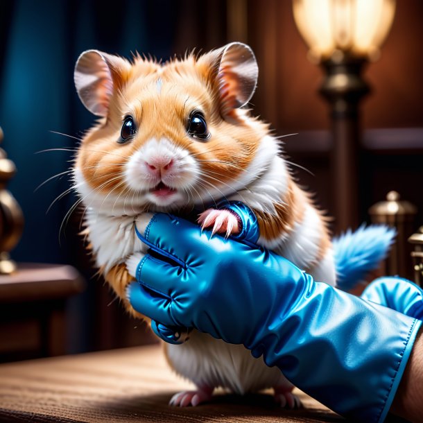 Photo of a hamster in a blue gloves