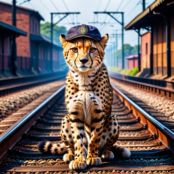 Image of a cheetah in a cap on the railway tracks