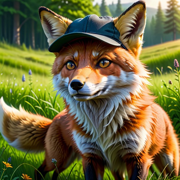 Illustration of a fox in a cap in the meadow