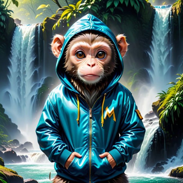 Picture of a monkey in a hoodie in the waterfall