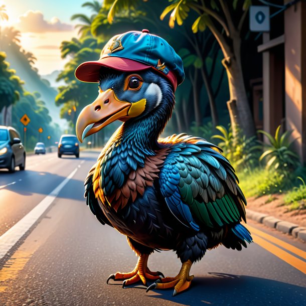 Drawing of a dodo in a cap on the road