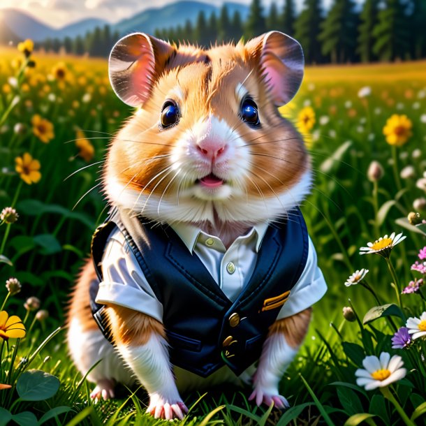 Picture of a hamster in a vest in the meadow