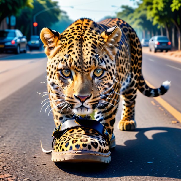 Foto de um leopardo em um sapato na estrada