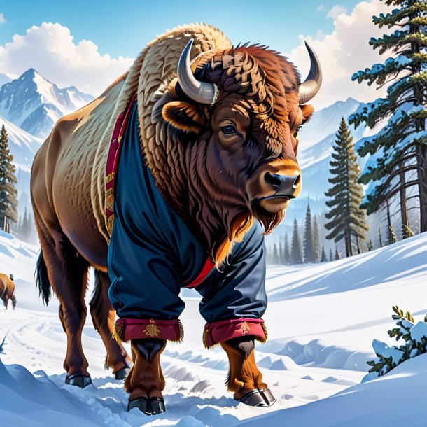 Illustration of a bison in a trousers in the snow