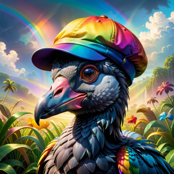 Illustration of a dodo in a cap on the rainbow