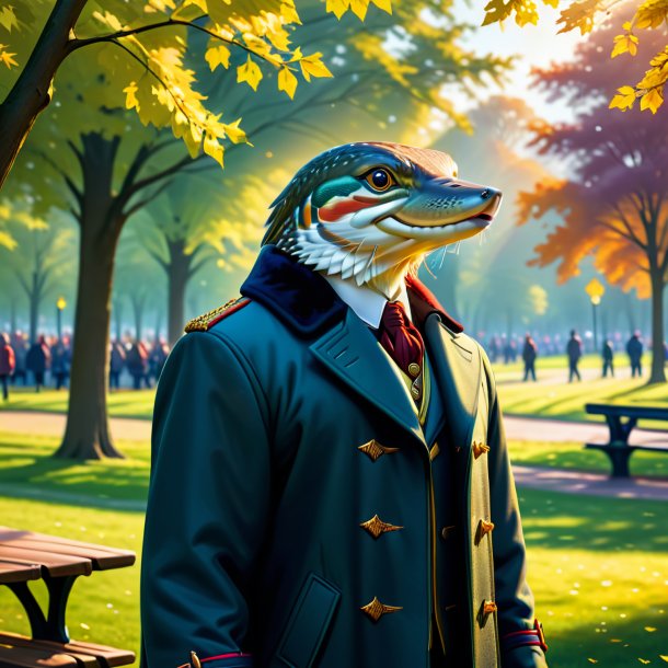 Illustration of a pike in a coat in the park