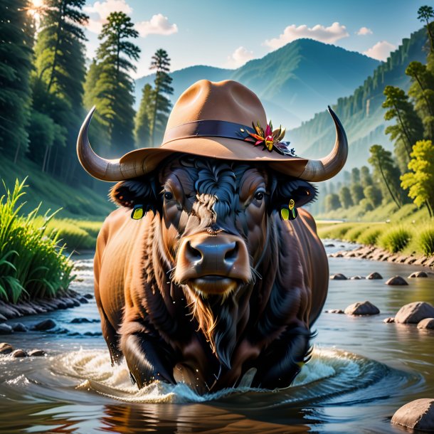 Photo d'un bison dans un chapeau dans la rivière