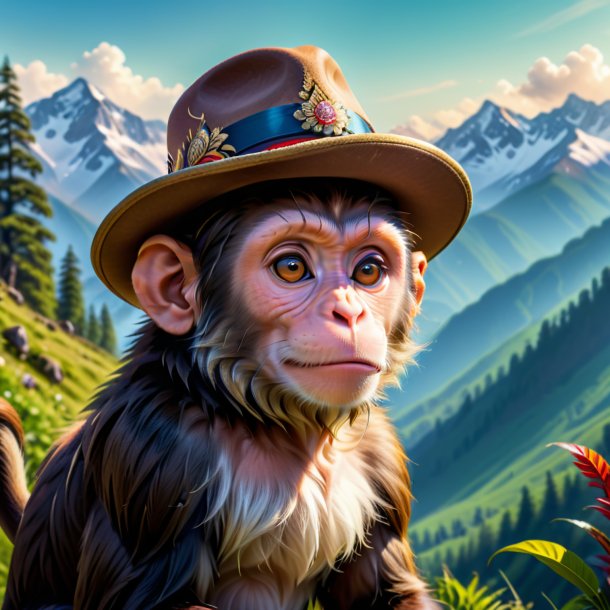 Picture of a monkey in a hat in the mountains