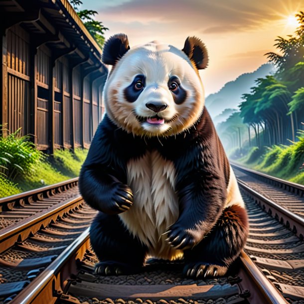 Photo of a playing of a giant panda on the railway tracks