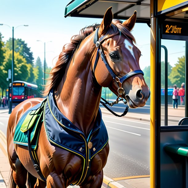 Desenho de um cavalo em um colete na parada de ônibus