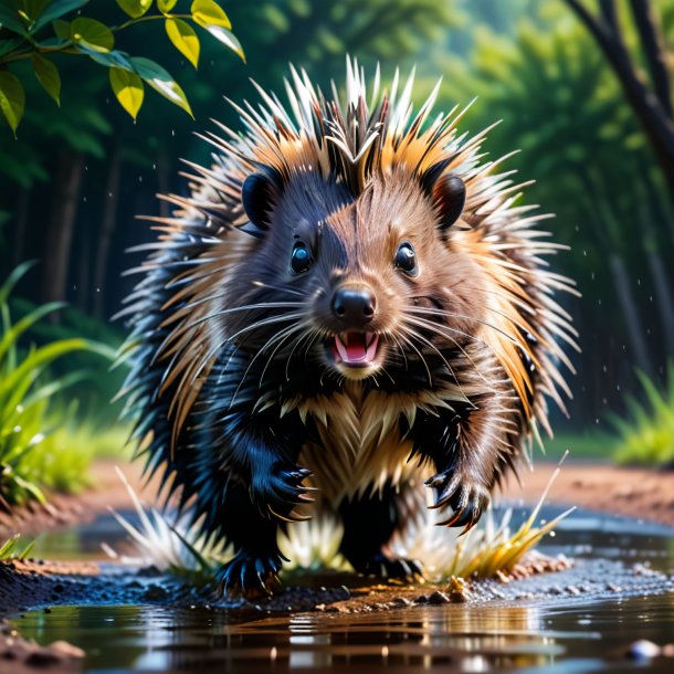 Picture of a jumping of a porcupine in the puddle