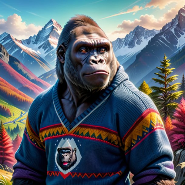 Drawing of a gorilla in a sweater in the mountains