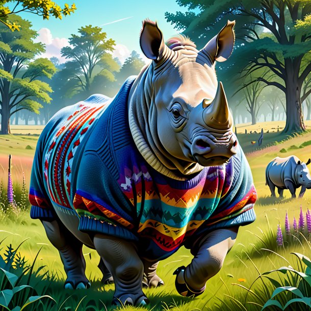 Drawing of a rhinoceros in a sweater in the meadow