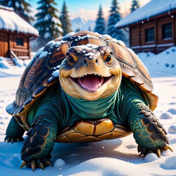 Photo of a smiling of a tortoise in the snow