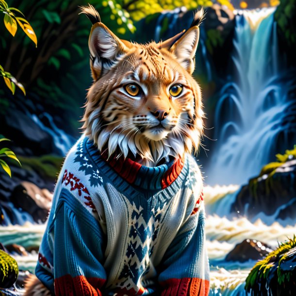 Picture of a lynx in a sweater in the waterfall