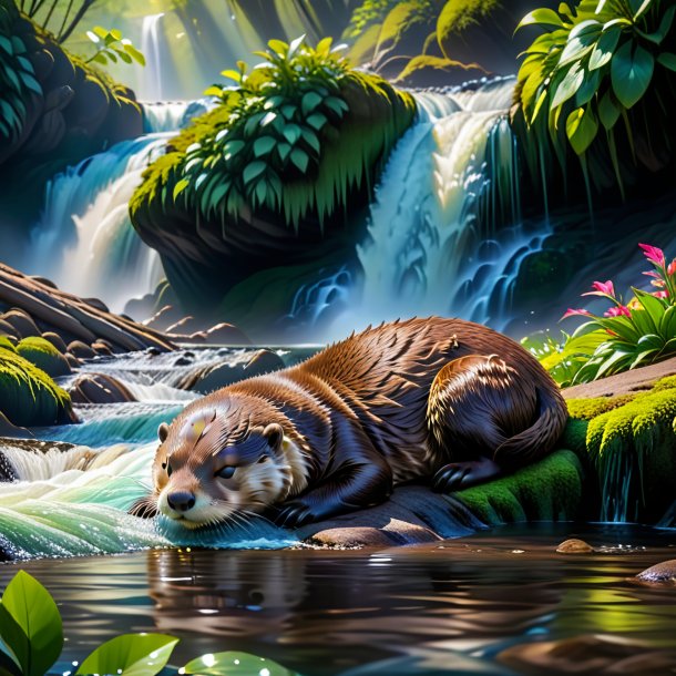 Pic of a sleeping of a otter in the waterfall