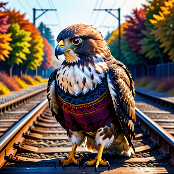 Ilustración de un halcón en un suéter en las vías del ferrocarril