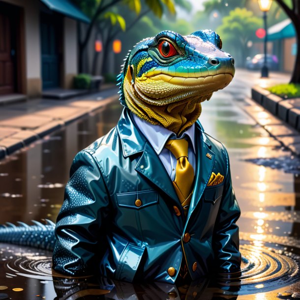 Drawing of a monitor lizard in a jacket in the puddle